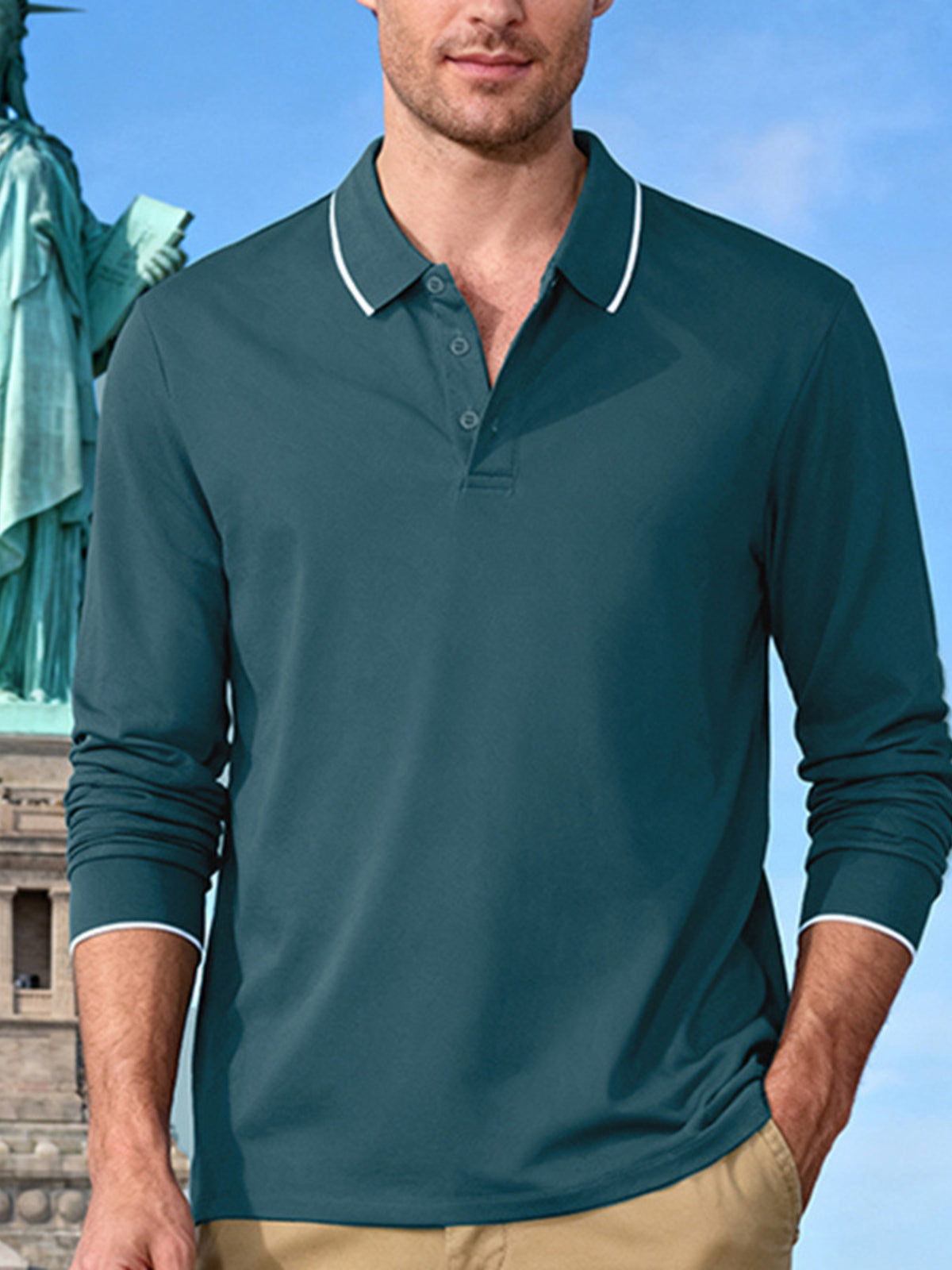 Men's Full Size Classic Long-Sleeve Polo Shirt with Contrast Trim Plus Size – view 2