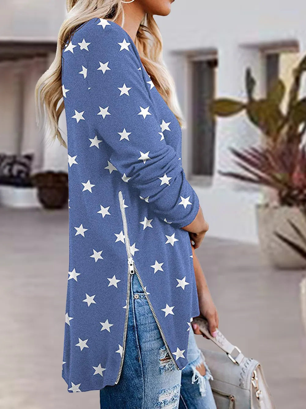 Full Size Side Zip Printed V-Neck Long Sleeve T-Shirt – view 3