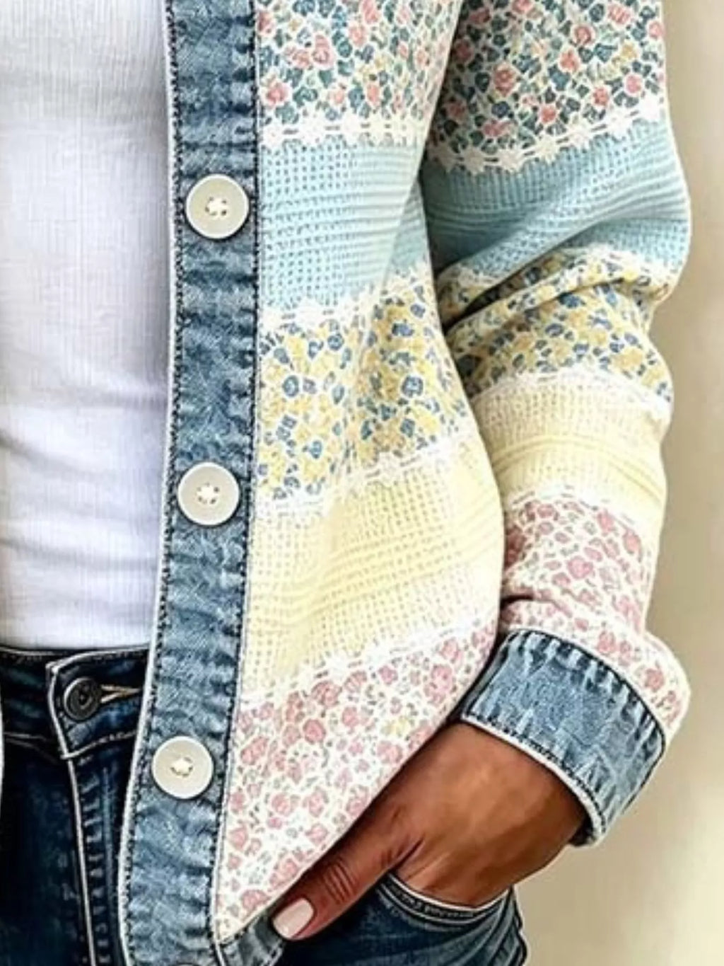 Full Size Floral Patchwork Denim Trim Jacket Plus Size – view 3