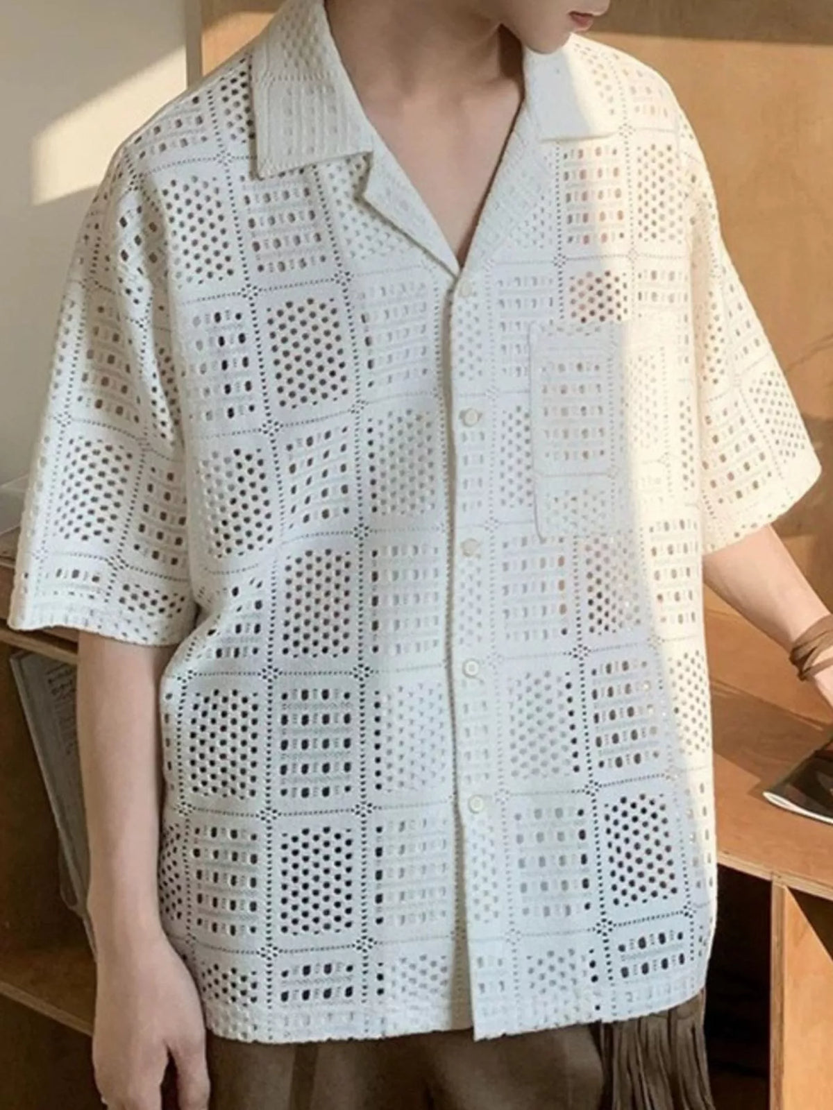 Men's Plus Size Crocheted Square Pattern Short Sleeve Shirt – view 3